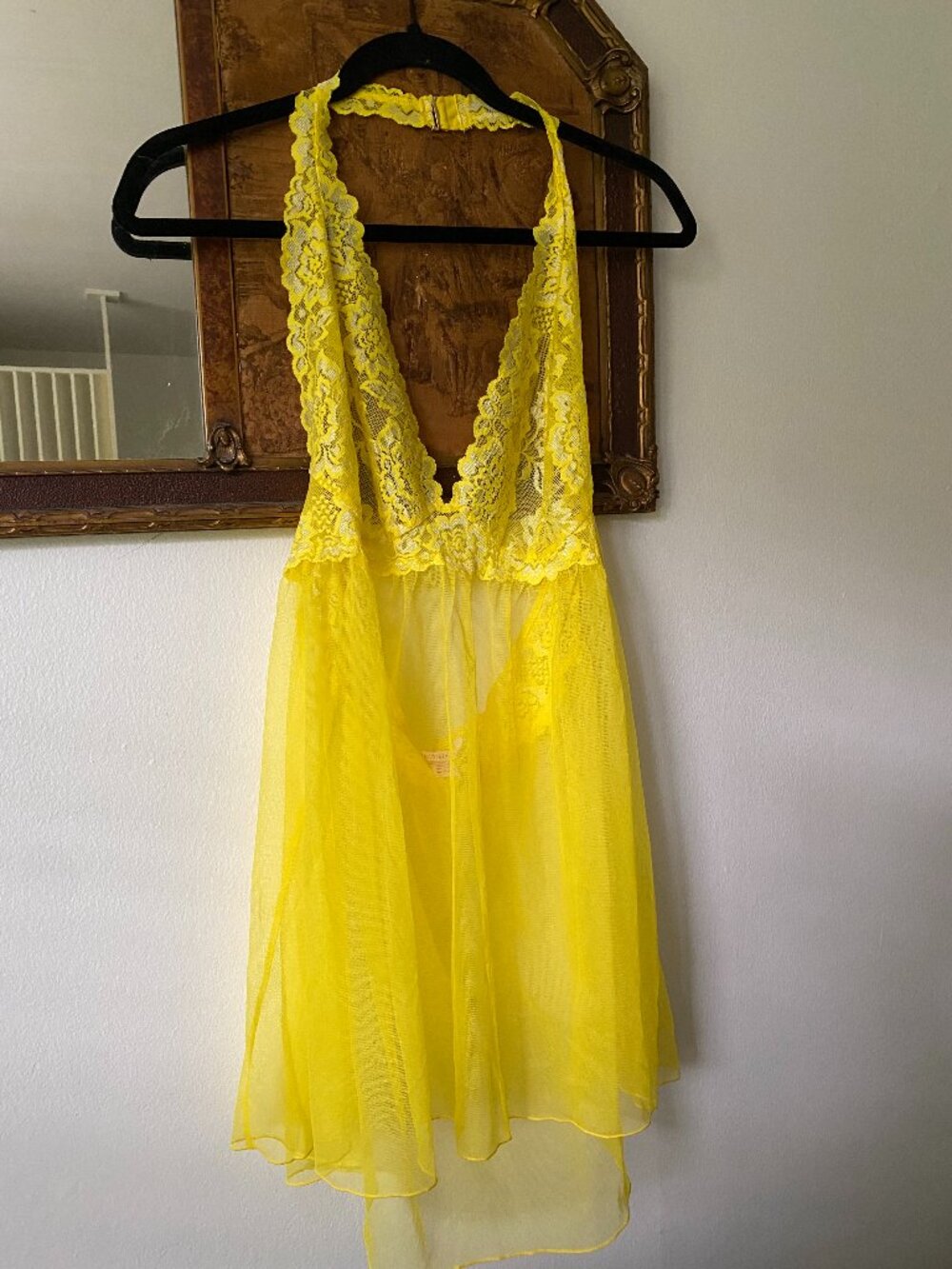 Victoria's Secret Neon Lemon Yellow Tulle Sheer Lace Babydoll Panty Set XL
